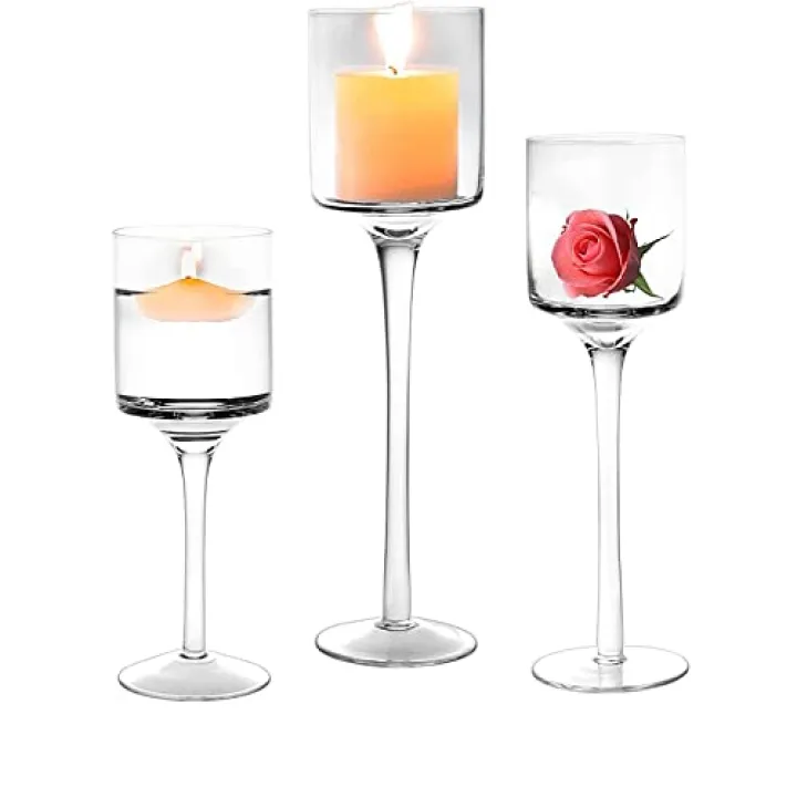 Glass Candle Holder for Pillar Candles, Tea Light Candle Holders Set of 3, Tall Clear Candle Holder for Table Centerpiece, Floating Candles Holder for Dining Party Home Wedding Decor