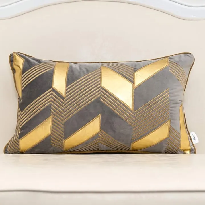 Alerfa 12 x 20 Inches Gray Geometric Gold Leather Striped Cushion Cases Embroidery Modern Throw Pillow Covers Decorative Pillows for Couch Living Room Bedroom Car 30 x 50cm