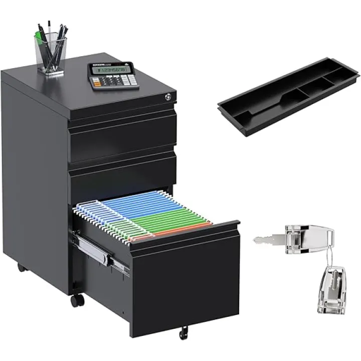 Aobabo Steel 3 Drawer Mobile File Cabinet with Lock, Under Desk Metal Filing Cabinet, 23.6''H A4/Legal/Letter Size Fully Assembled Except Wheels, Black