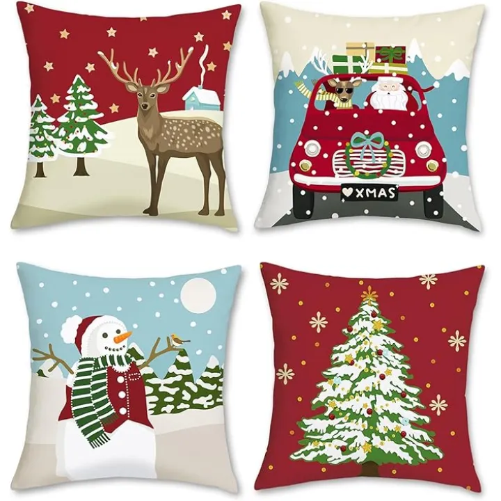 Bonhause Christmas Reindeer Pillow Covers 18 x 18 Inch Santa Claus Snowman Xmas Tree Decorative Pillows for Sofa Couch Winter Holiday Decor Set of 4