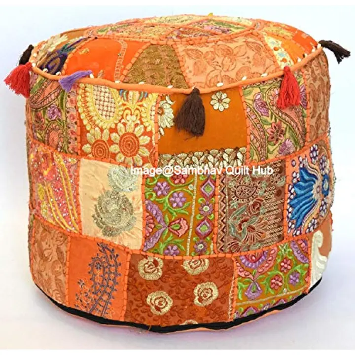 Orange Decorative Multi Patch Indian Hippie Embroidery Vintage Cotton Floor Pillow & Cushion Patchwork Bean Bag Chair Cover Boho Bohemian Hand Embroidered Handmade Pouf Ottoman Cover (14X22 inch)
