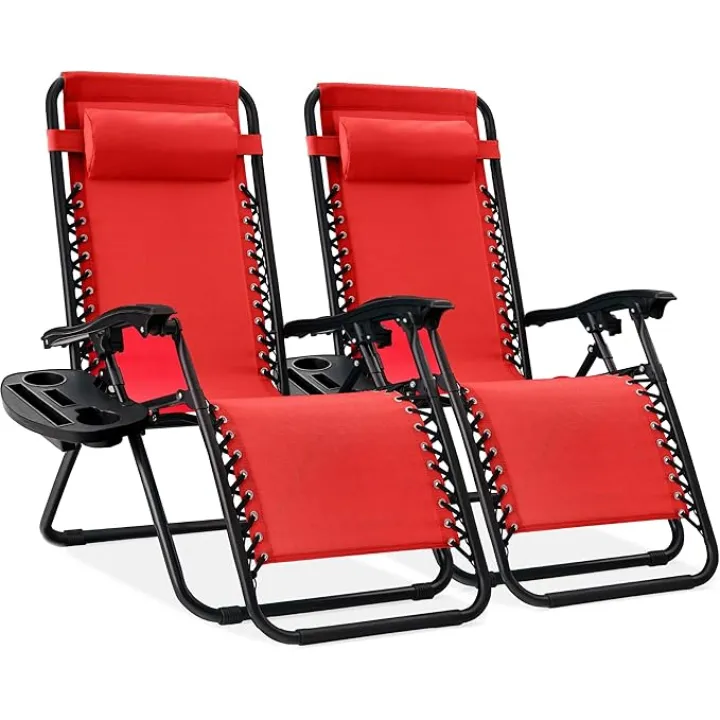 Best Choice Products Set of 2 Adjustable Steel Mesh Zero Gravity Lounge Chair Recliners w/Pillows and Cup Holder Trays - Cobalt Blue