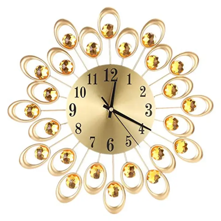 Keenso Iron Art Wall Clock, 37cm Floral Design, Battery Operated Silent Movement, Gold Black, for Home and Office