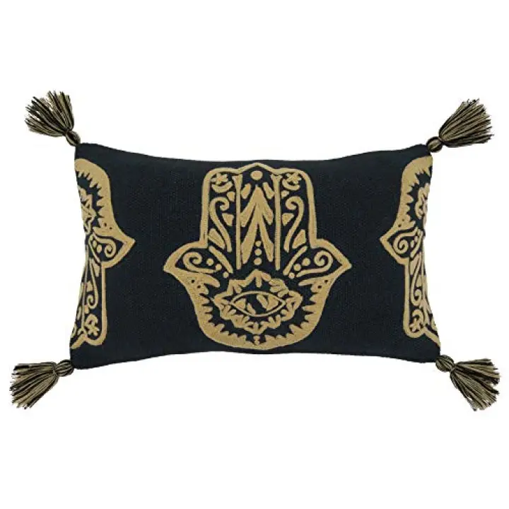 SARO LIFESTYLE Dinah Collection Hamsa Hand Embroidered Lumbar Throw Pillow with Poly Filling, 12" x 20", Black