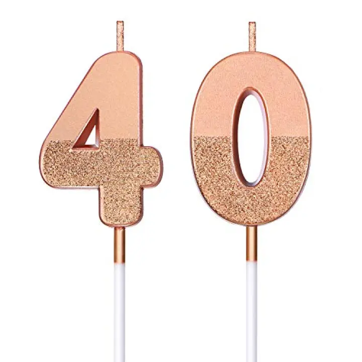BBTO 40th Birthday Candles Number 40 Cake Topper Decorations Rose Gold Glitter Numeral Decor for Men Women Wedding Anniversary, 5 Centimeters