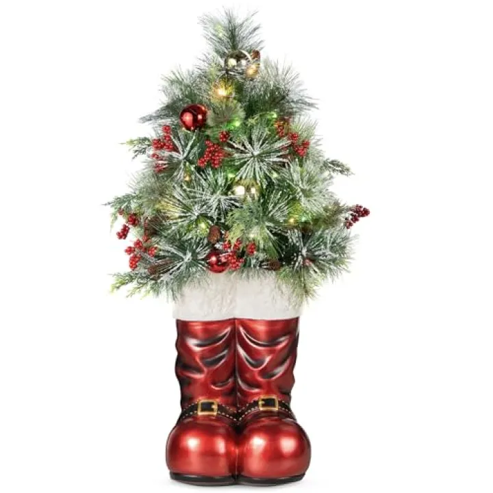 Best Choice Products 40in Santa Boots with Pre-Decorated Christmas Tree Greenery, Decoration for Home & Office, Hand-Painted Frosted Tips, Battery-Operated Lights