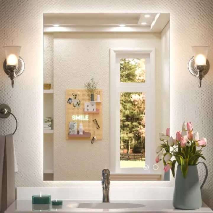 Keonjinn 24 x 32 Inch LED Backlit Mirror, Lighted Bathroom Mirror for Over Sink, 3 Colors Lights Warm/Natural/White, HD Tempered Glass, Anti-Fog & Dimmer, Wall Mounted LED Makeup Mirror with Lights