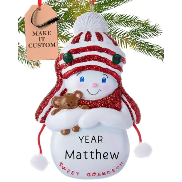 Personalized Grandson Ornament 2025 | Free 24h Customization | Laser Engraved Grandparents Christmas Ornaments for Tree | Custom Gift Wrapped Snowman Baby Boy Keepsake for Grandpa & Grandma