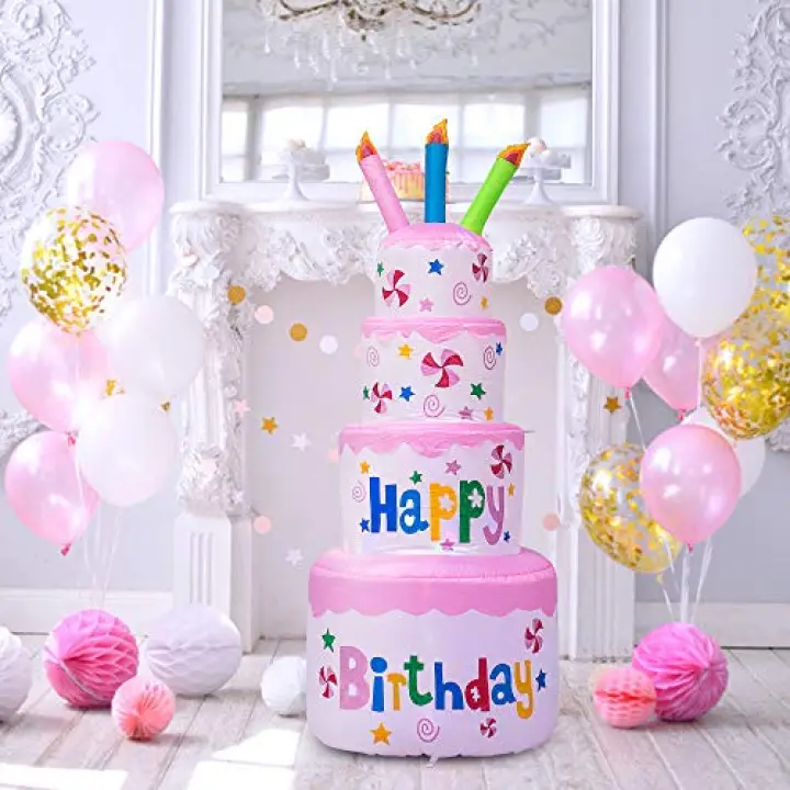 AJY 6 Feet Happy Birthday Inflatable Cake with Candle - Blow Up Indoor/Outdoor Yard Lawn Decoration