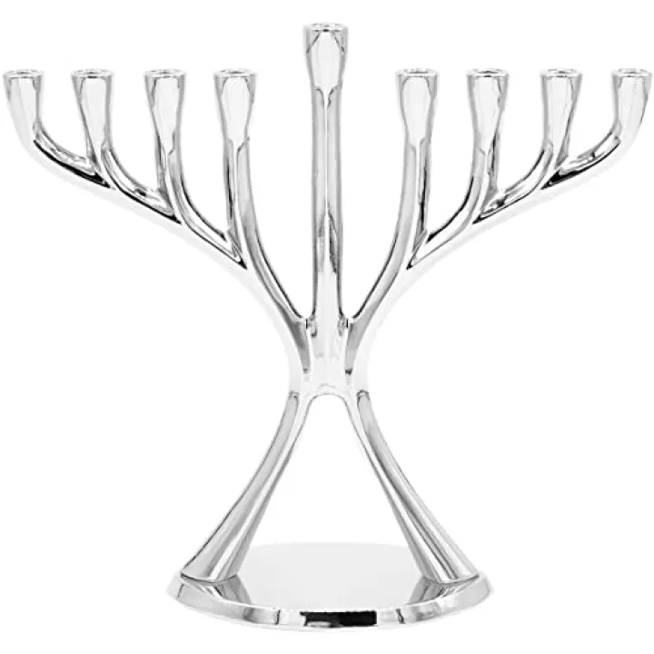 Silver Contemporary Hanukkah Menorah, Full-Size 9" Inch Polished, Non-tarnishing, Holds Most Hanukkah Candles