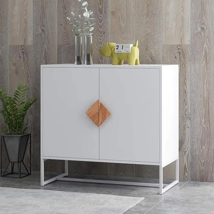 RASOO Sideboard 2 Doors White Modern Kitchen Buffet Storage Cabinet Cupboard Furniture with Solid Wood Square Handles and Metal Legs