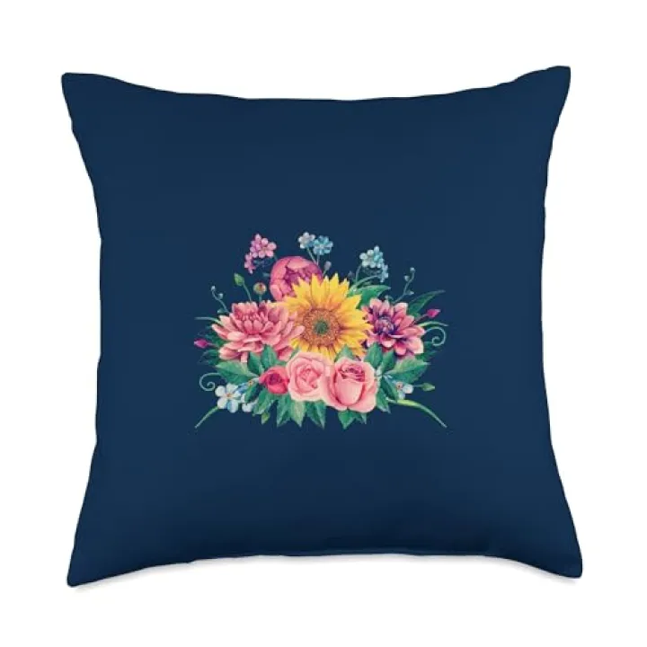 Pioneer Country Farm Woman Water Color Floral Bouquet Navy Throw Pillow