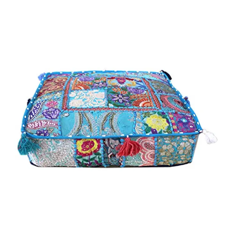 CRAFT KALA Indian Square Patchwork Traditional Pouf Cover Indian Living Room Poufs Decorative Embroidered Designer Ottoman Home Living Footstool Chair Cover Decor Pillow Cover 16x16x5 inches, Sky Blue