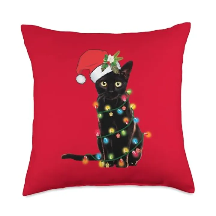 Santa Black Cat Tangled Up in Christmas Tree Lights Holiday Throw Pillow