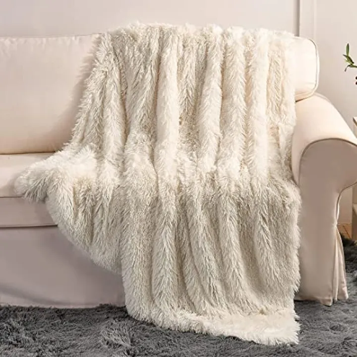 YUSOKI Long Faux Fur Throw Blanket for Sofa Couch,2 Layers,2.1lb,All Ages,Home Decoration, (Cream White,50" x 60")