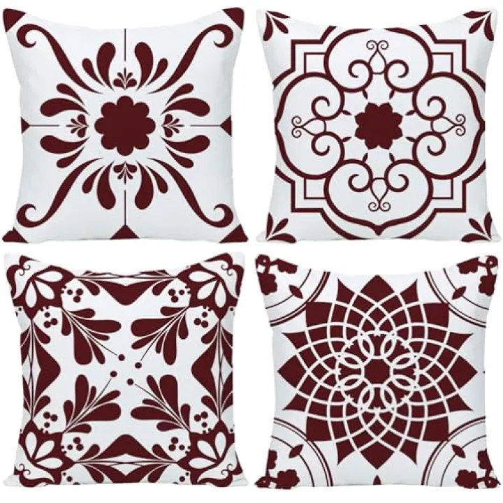 GUHOO Geometric Wine Red Flower Decorative Throw Pillow Covers 18 x 18 Inch, Set of 4 Abstract Wine Red Flower Cushion Cover Square Pillow Cases for Couch Patio Sofa Home Decor