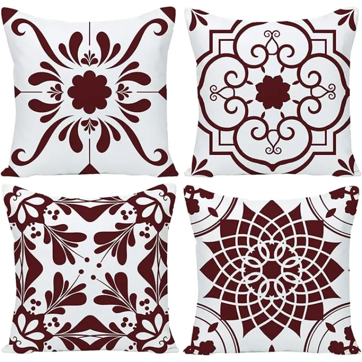 Geometric Wine Red Flower Decorative Throw Pillow Covers 20 x 20 Inch, Set of 4 Abstract Wine Red Flower Cushion Cover Square Pillow Cases for Couch Patio Sofa Home Decor