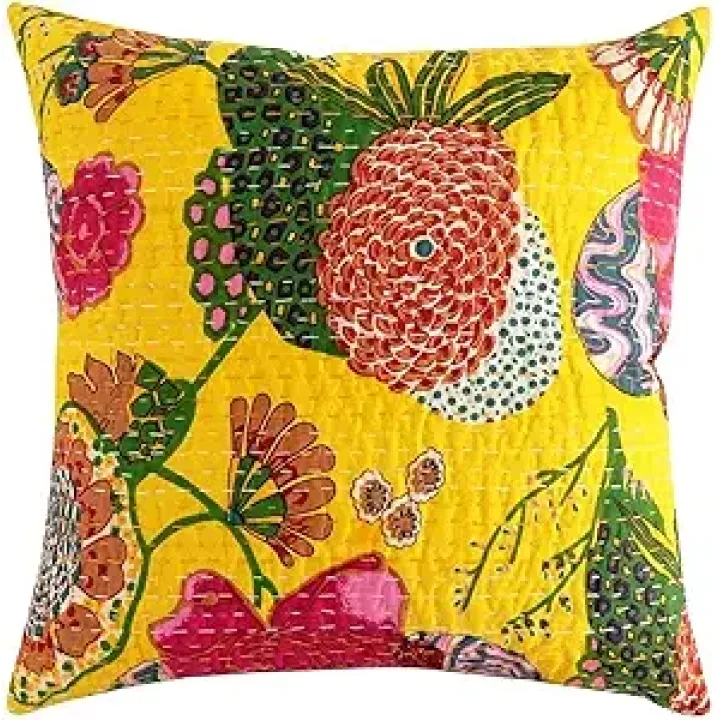 Indian Handmade Cotton Yellow Kantha Fruit Print Threads Work Cushion Cover Throw Pillow Cases Decorative Pillows Cover Bohemian 16x16 Inches