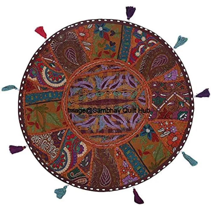 Sambhav Quilt Hub Brown Color Patchwork Cotton Boho Chic Bohemian Hand Embroidered Round Floor Pillows & Cushion Cover Seating Pouf Ottoman
