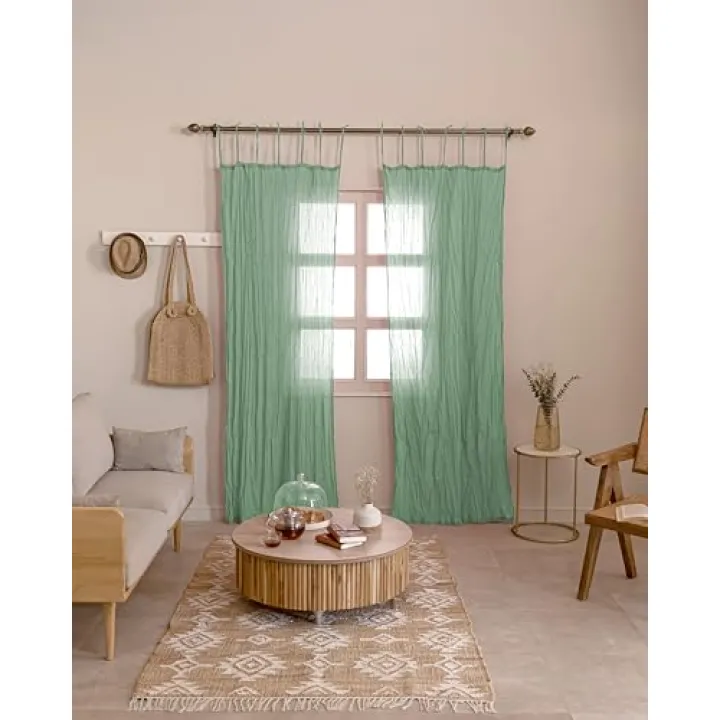 TARAN LIVING Crinkle Sheer Curtains 84 Inch Length Rod Pocket Cotton Voile Drapes for Living Room, Bedroom Treatment Curtain Panels for Villa, Farmhouse - Greenish - Set of 2, 40"x 84"