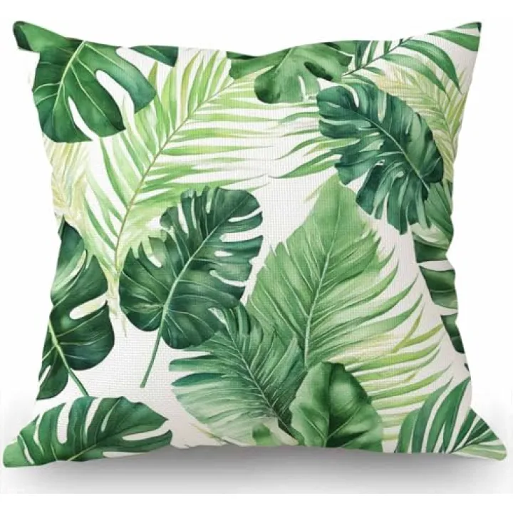 Swono Tropical Palm Leaves Throw Pillow Cover Green Tropical Palm & Fern Leaves Farmhouse Cushion Case for Sofa Couch 18x18 Inches Cotton Linen