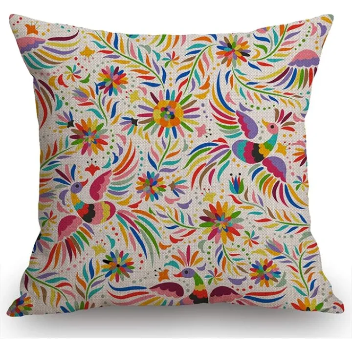 Swono Mexican Floral Decorations Pillow Cover Ethnic Art Birds and Paisley Flowers Farmhouse Decor Throw Pillow Cases Cushion Cover 18 x 18 Inch Home Decoration