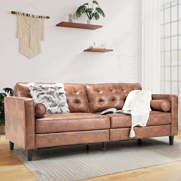 Esright 84.2” Faux Leather Couch, Mid Century Modern Sofa Faux Leather Couches, 3-Seats Large Vintage Pure Sofa Couch with 2 Bolster Pillows for Living Room, Apartment, Office and More, Brown