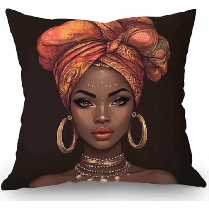 Swono African American Woman Pretty Girl Throw Pillow Cover Cushion Case for Home Decor Sofa Couch 18" x 18" Inch Cotton Linen Farmhouse Decorations