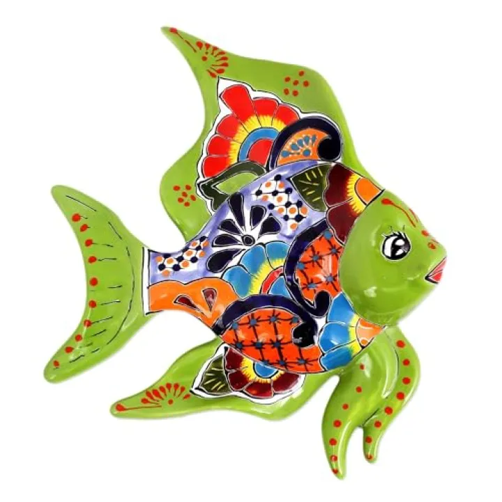 NOVICA Artisan Handmade Ceramic Wall Sculpture Handpainted Fish from Mexico Multicolor Decor Art Talavera Fishsea Life [13in H x 10.75in W x 2.2in D] ' Green Angelfish'