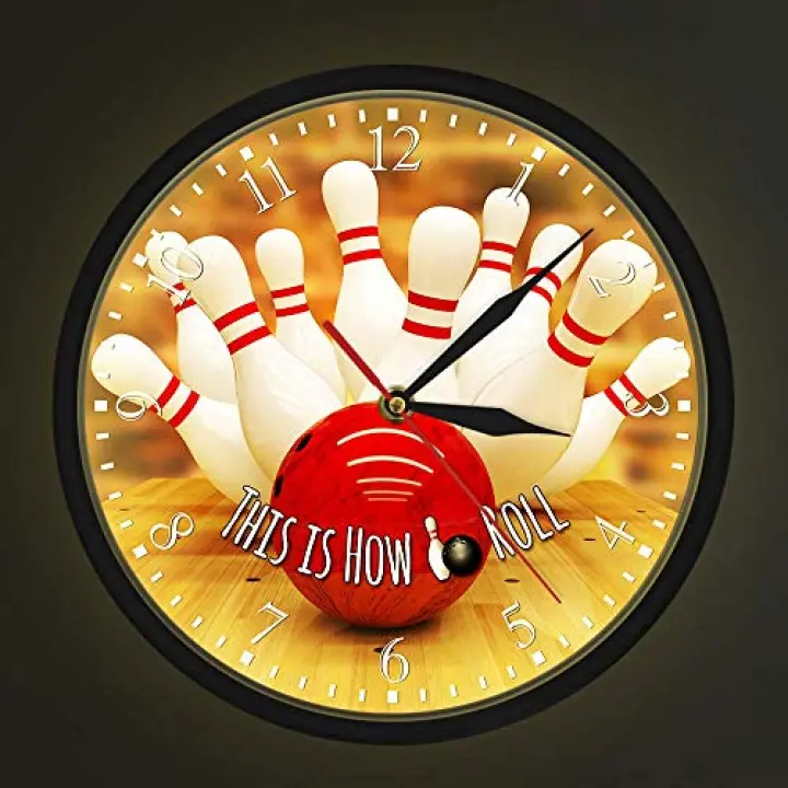Geek Alerts This is How I Roll Bowling Wall Clock with Voice Activated LED Night Light Silent Quartz Bowling Ball and Pins Home Decorative Metal Frame Watch Bowlers Gift