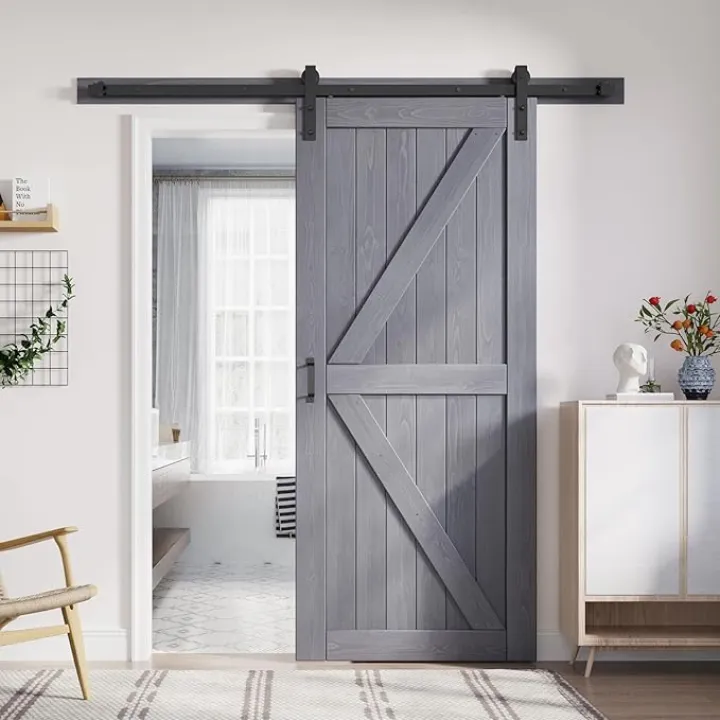 FREDBECK 36in x 84in Gray Barn Door Slab with 6.6ft (79inch) Barn Door Hardware Track Kit and Handle Floor Guide Included, Double Surfaces,Simple Assembly is Required,K-Frame,Grey