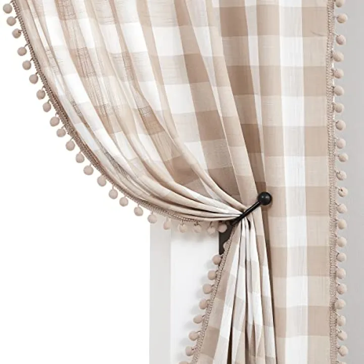 Treatmentex Buffalo Check Curtains 84inch Farmhouse Pom Pom Drapes for Living Room Vintage Gingham Plaid Semi Sheer Tan Window Curtains for Bedroom Kitchen 2 Panels Rod Pocket Taupe and White