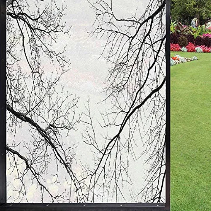Forest Window Film Decorative Window Film,Trees Branches Leafless Spooky Scary Image in a Gloomy Air Sky Scene Image Door Privacy Film for Bathroom Kitchen Room Office,Black and White,24x36 inch
