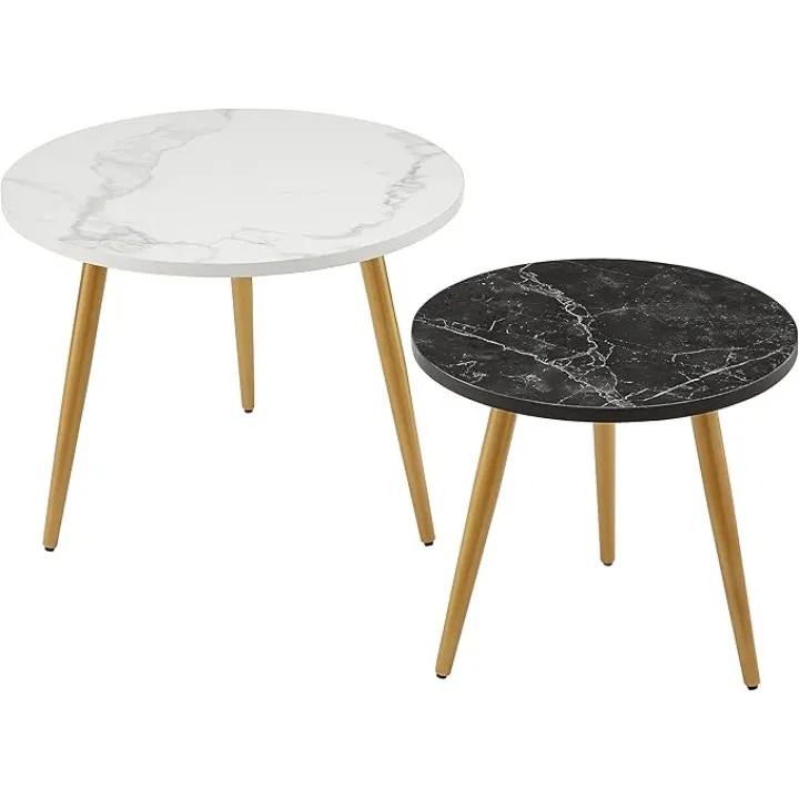 Ball & Cast Nesting End Coffee Table Set of 2, 23.6"&17.75" Dia-Tapered Leg, White/Black