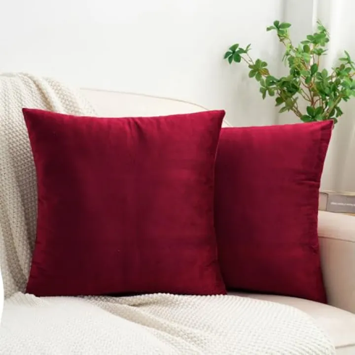 HWY 50 Burgundy Red Velvet Throw Pillow Covers 16x16 Inch, Pack of 2 Soft Cozy Solid Decorative Luxury Cushion Cases for Couch Sofa Bed Living Room Bedroom