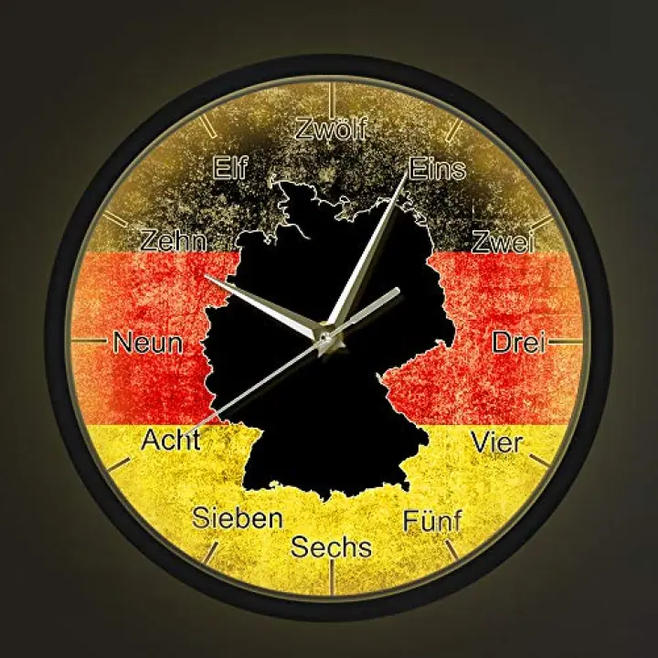 Geek Alerts German Map Flag Silent Non Ticking Wall Clock Deutschland Art Modern Design Smart Sound Control LED Illumination Metal Frame Wall Watch