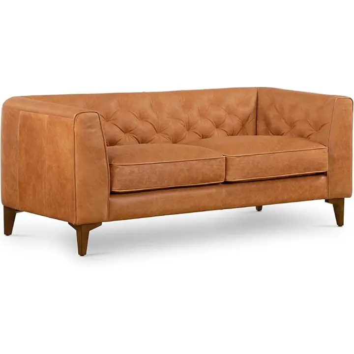 POLY & BARK 74” Essex Apartment Leather Couch - Apartment Sofa with Tufted Back - Full-Grain Leather Sofa for Living Room with Feather-Down Topper - Vintage Italian Leather in Cognac Tan