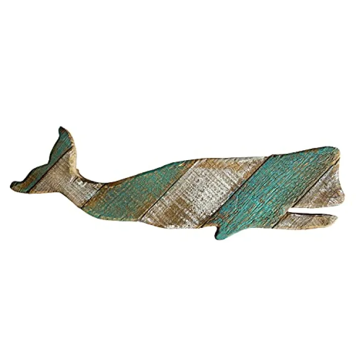 GAPLUM Nautical Wood Hanging Whale Wall Decor, Rustic Whale Wall Hanging Ornament Beach Nautical Coastal Decor for Home, Sea Shore Ocean Beach Lake House Decoration, Wooden Whale Wall Sculpture 16''L