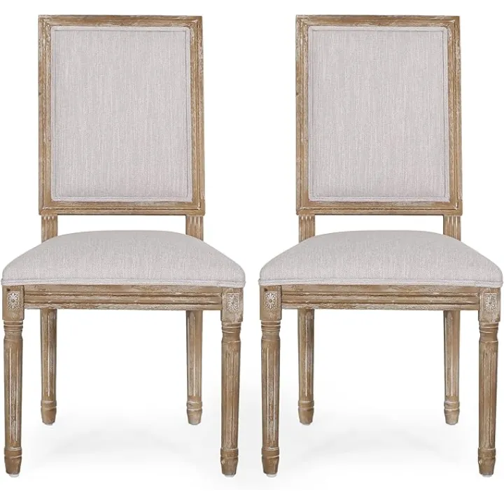 Christopher Knight Home Regina French Country Dining Chairs Set of 2, Wooden Dining Room Chair, High Back Kitchen Side Chair, Fabric Upholstered Armless Extra Seat, Light Gray and Natural