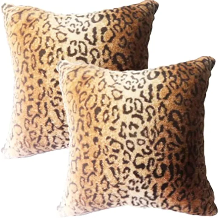 Entua Faux Fur Throw Pillows, Set of 2 Decorative Square Couch Pillow Covers, Leopard Cheetah Print Luxury Soft Plush Animal Pillowcase for Sofa, Bedroom Living Room Decor, 18x18, Brown