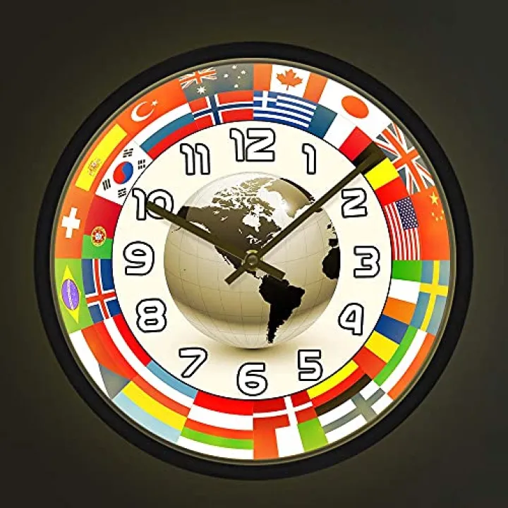 Geek Alerts Voice Control LED Lighting Clock Ring of Flags Around Earth Silent Non Ticking Wall Clock Office Decor Planet World Flags Metal Frame Watch Globe Travel Lovers Gift