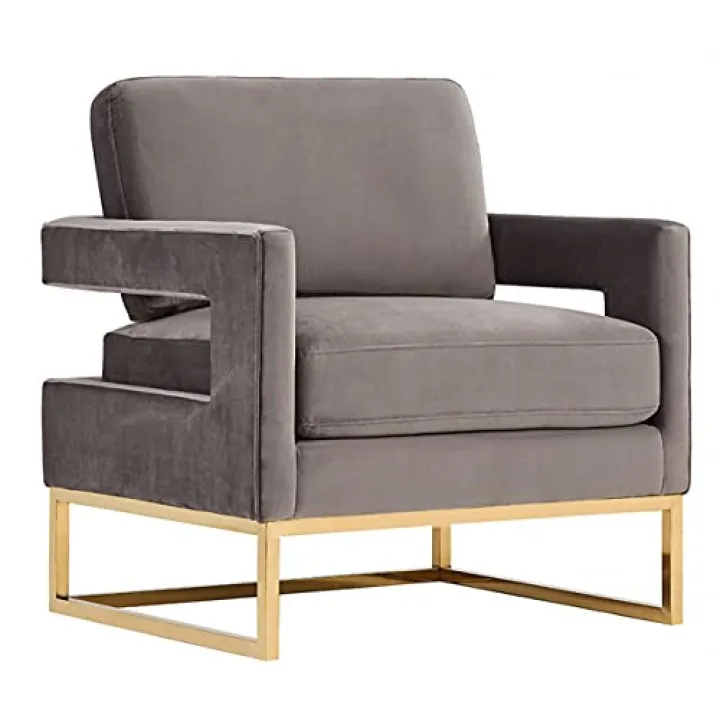 Limari Home Bruno Collection Modern Style Velvet Living Room Accent Chair with Stainless Steel Frame, Grey & Gold