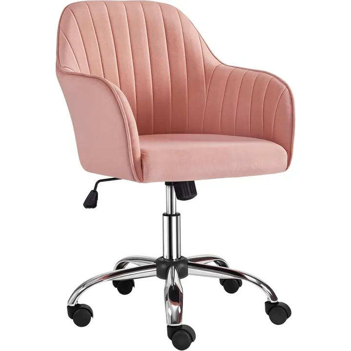 Yaheetech Pink Desk Vanity Chair Comfy Modern Aesthetic Accent Armchair Height Adjustable Swivel Computer Chair for Bedroom or Office