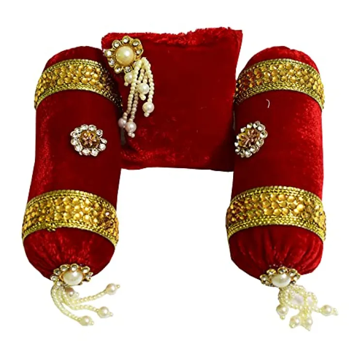 VRINDAVANBAZAAR.COM Red Velvet Soft and Decorative 1 Cushion with a Pair of Round Pillows