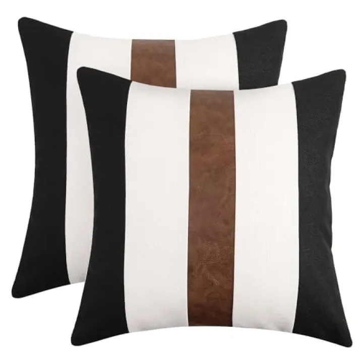 JASEN Set of 2 Faux Leather and Linen Throw Pillow Covers 18x18 Inch Black and White Modern Farmhouse Decorative Accent Cushion Covers for Couch Sofa