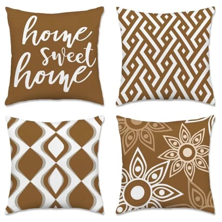 Hexagram Brown Geometric Pillow Covers 18x18 Set of 4, Decorative Outdoor Modern Boho Throw Pillow Covers, Home Sweet Home Farmhouse Cushion Case for Couch Sofa Indoor Bedroom Decor(No Insert)