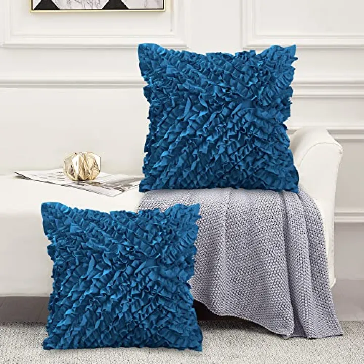 Leeden Throw Pillow Covers (Set of 2), 3D Design Handmade Cute Ruffles Pillowcase, Christmas Decorative Cushion Cover for Sofa Couch Bedroom Living Room, 18 x 18 inch, Ocean Blue