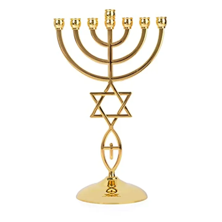 BRTAGG Candle Holders Menorah with 7 Branches, 8.3" Height, Star of David Design - Gold Plated Jewish Home Décor (Model 3829)