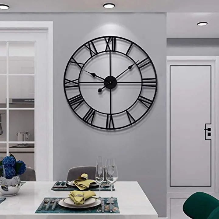 LEIKE 16" Large Wall Clocks Battery Operated, Round Modern Silent Non-Ticking Black Metal Wall Clock for Living Room Decor, Bedroom Kitchen (40cm Diameter, Black Roman Number)