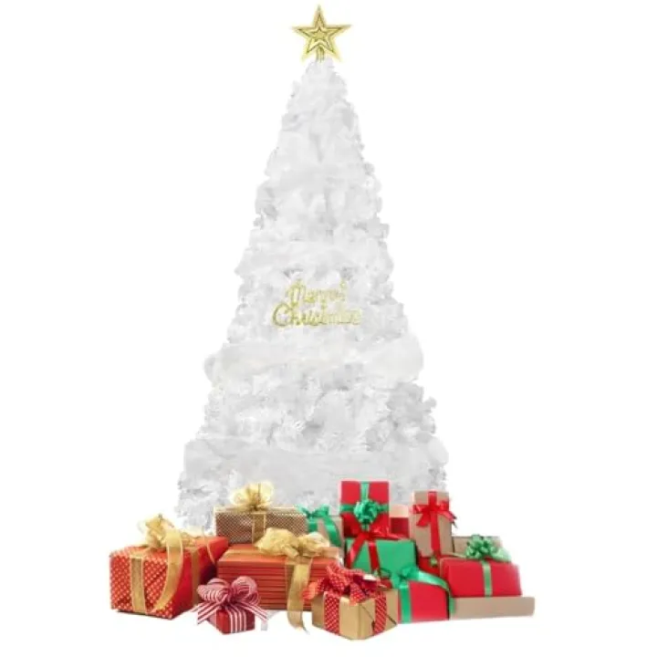 ptlsy White Christmas Tree 7ft Premium Artifical Pine Tree with Soild Metal Stand and Decorations Fit for Indoor Outdoor,1100 Tips (7 feet White)